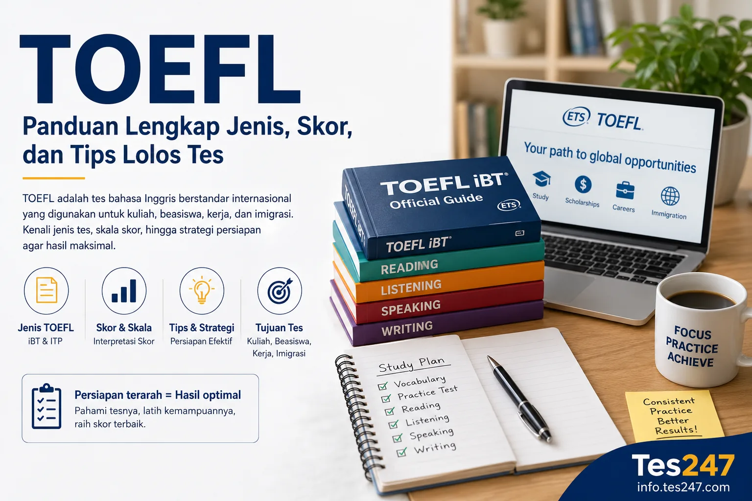 Ilustrasi panduan apa itu TOEFL, jenis tes, skor, dan persiapan Tes247